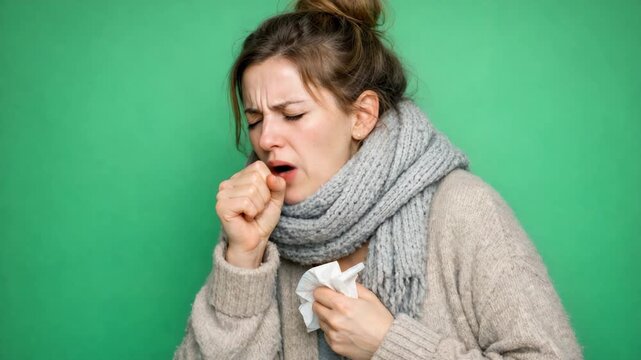 A young woman with a grey scarf around her neck is holding tissues as she coughs. She appears to be unwell and trying to cover her mouth while indoors.