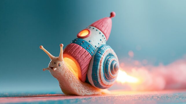 A whimsical snail with a rocket shell is depicted, showcasing a playful design and vibrant colors, evoking a sense of fun and creativity.