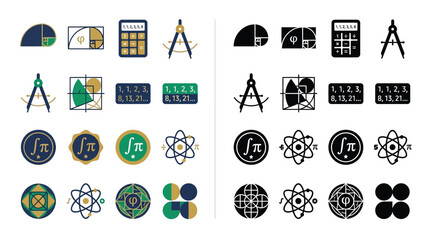 Collection of mathematical and scientific icons and symbols in color and monochrome versions. © Feldway