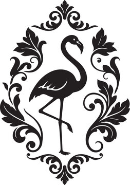 Elegant black flamingo in ornate decorative frame