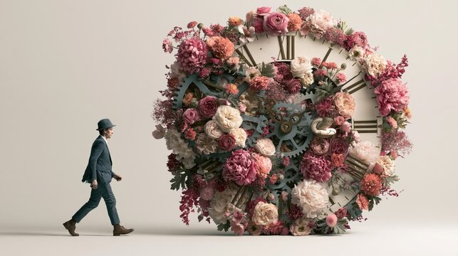 A man walks beside a large clock adorned with flowers, blending nature and time in a whimsical, artistic scene.