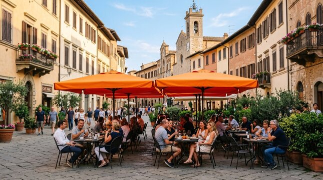 Charming historic European cobblestone town square featuring a lively outdoor cafe with bright orange umbrellas and elegant architecture.