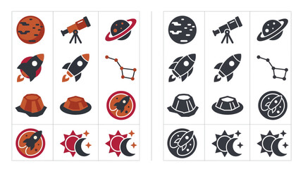 Collection of colorful and monochrome icons representing space exploration, celestial bodies, and astronomical tools. © Feldway