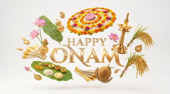 Happy onam festival greeting with traditional elements, pookalam, isolated on white background