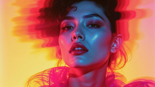 Portrait of young woman with neon lighting. Cyberpunk style model with vibrant color glitch.