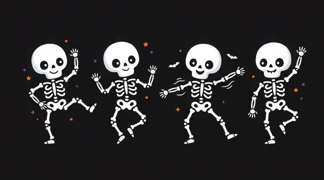 Halloween four dancing skeleton figures on black background
