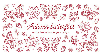 Autumn butterflies and foliage line art vector illustration collection for scrapbooking. © jubayer71