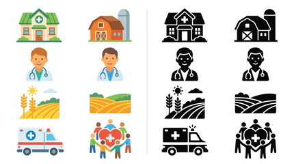 Collection of healthcare and agriculture icons in color and silhouette, representing medical services and farming. © Feldway