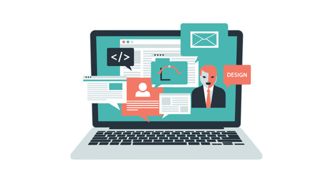 Flat Vector Illustration of Laptop with Web Development, UI/UX Design, Coding, and Digital Marketing Icons