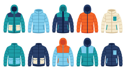Collection of colorful winter puffer down jackets isolated on white background flat style. © jubayer71