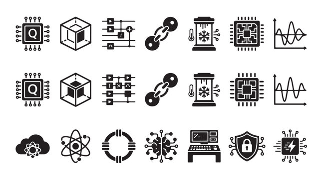 Quantum computing icons set, futuristic technology symbols for supercomputer and qubit research, black solid vector elements for science