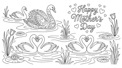 Detailed coloring page for mother day with cute swans and floral pattern nature elements. © jubayer71