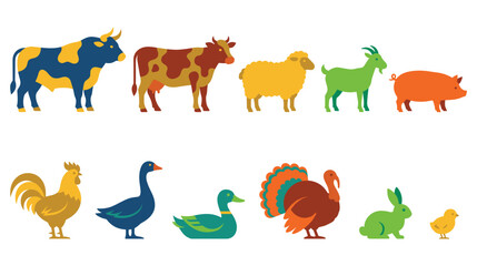 Obraz premium Farm animals vector flat icons set, cattle and poultry illustrations for agriculture.