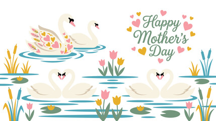 Happy mother day greeting card design with beautiful white swans in lake nature scenery. © jubayer71