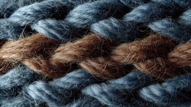 Close-up view of blue and brown braided rope showing intricate twisted fiber texture pattern.