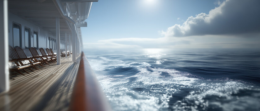 Cruise ship deck with wooden chairs overlooking sunny ocean horizon during summer vacation voyage