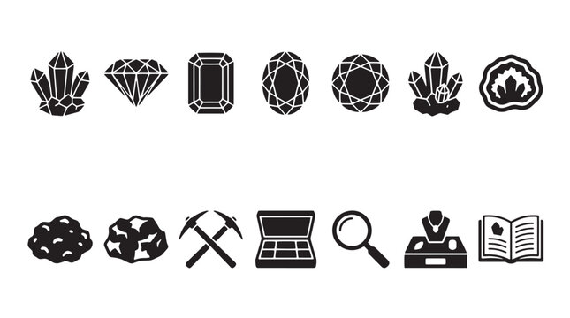Black gemstone and jewelry icons set, 14 mineral and mining vector elements, diamond and crystal symbols for geology and jewelry design