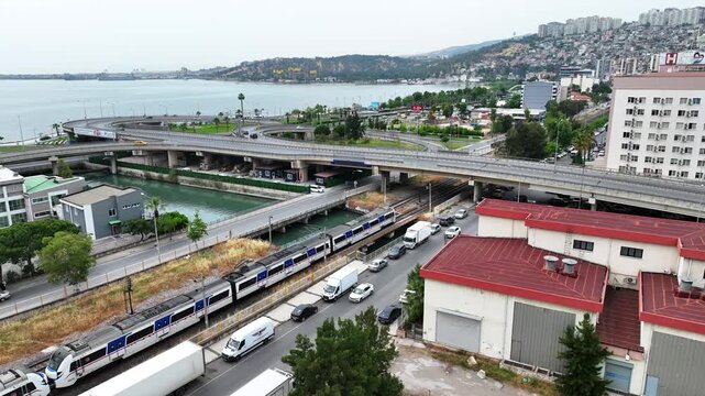 İzmir İZBAN Commuter Train Passing Through the City | 4K Aerial Drone Footage | Urban Railway Turkey
