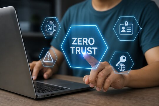 Businessman typing on laptop with zero trust cybersecurity concept hologram