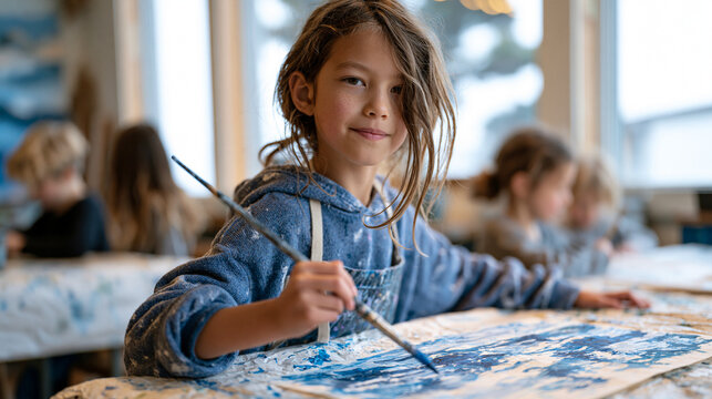 Art teacher guiding a group of children through an abstract winter landscape painting exercise in a December after-school studio, overcast light through tall windows casting soft