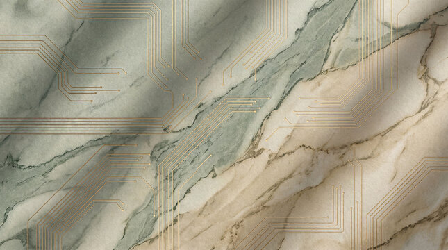 Abstract technology background with marble texture and golden electronic circuit pattern