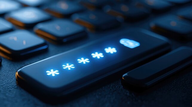 A close-up view of a backlit keyboard key featuring five illuminated asterisks, indicating an active password entry or security feature.