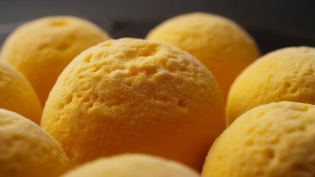 Slow dolly close up of cheese bread rolls arranged on baking tray in kitchen countertop setting