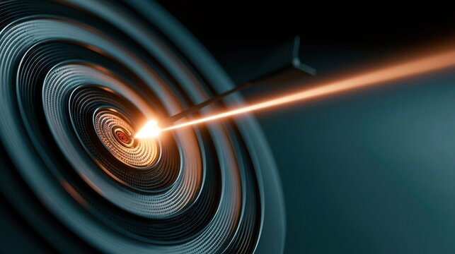 A dart piercing a target, illuminated by a beam of light, symbolizes precision and focus in a dynamic, modern design.
