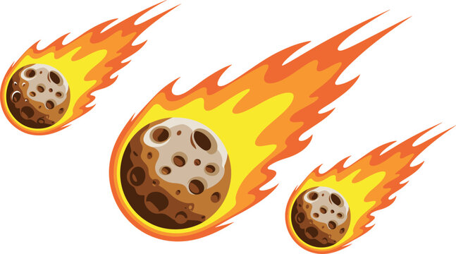 Vector illustration of burning meteorites falling down with fiery tail flames isolated on a white background