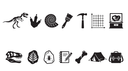 Paleontology icon set with dinosaur fossils and archeology tools, prehistoric science vector collection, museum exhibit and excavation equipment symbols © Anika