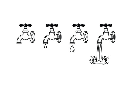 Water tap collection showing different flow levels from dry nozzle to full stream flow