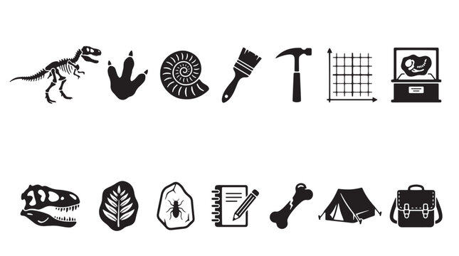 Paleontology icon set with dinosaur fossils and archeology tools, prehistoric science vector collection, museum exhibit and excavation equipment symbols