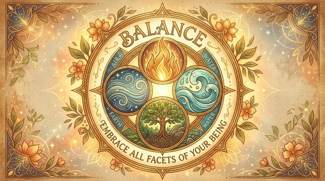 Sacred Wheel of Balance Symbolizing Four Elements: Fire, Water, Air, and Earth