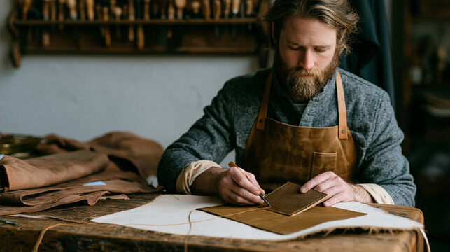 A leatherworker in a narrow artisan workshop stitching a hand-cut bifold wallet using a saddle-stitch awl and waxed thread, antique wooden tool rack on the wall above, natural