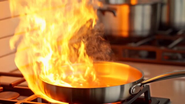 Close up slow motion tracking shot of stainless steel pan igniting with towering flames on gas stovetop in kitchen