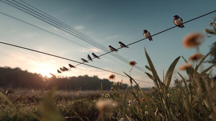Obraz premium Swallows on a Wire: A flock of swallows perched on power lines at sunrise, with a rural landscape in the background.
