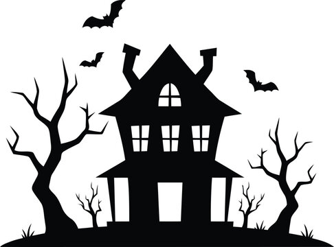 Spooky silhouette haunted house with bats and bare trees for halloween