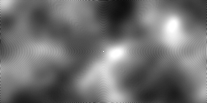 Black concentric circle background. Radial geometric pattern texture. Line epicenter, radar or target concept. Round rippled ring wallpaper for brochure, template, poster, overlay.