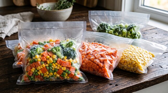 Neatly organized meal prep featuring vibrant diced frozen vegetables tightly packed in transparent vacuum-sealed bags on a wooden counter.