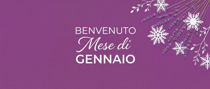 Benvenuto Mese di Gennaio Winter Banner on Purple Background with Lavender Flowers and Paper Snowflakes; Elegant Italian Language January Welcome Card and Header Template for Seasonal Celebrations.
