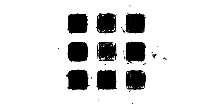 Grid of Nine Black Squares Arranged in a 3x3 Pattern Each with Rough Edges and Uneven Texture Featuring Design, Illustration