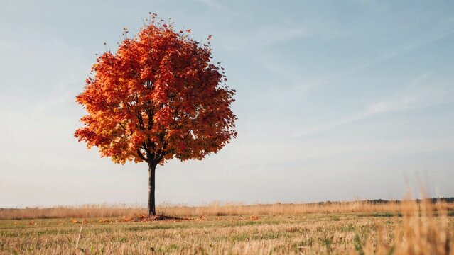 Lone tree with vibrant orange autumn leaves standing solitary in a dry meadow under blue sky with golden field