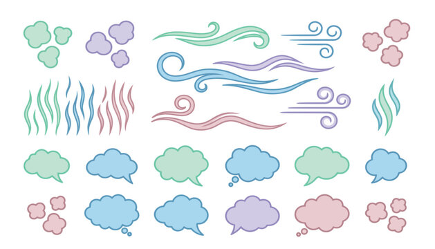 Wind gust vector illustration set featuring pastel comic clouds, thought speech bubbles, air blowing swirls, and steam puff elements.