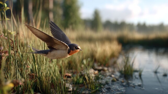 Barn Swallow in Flight Over Wetlands: A barn swallow glides gracefully over marshy wetlands, its wings outstretched against a backdrop of lush vegetation and distant trees.