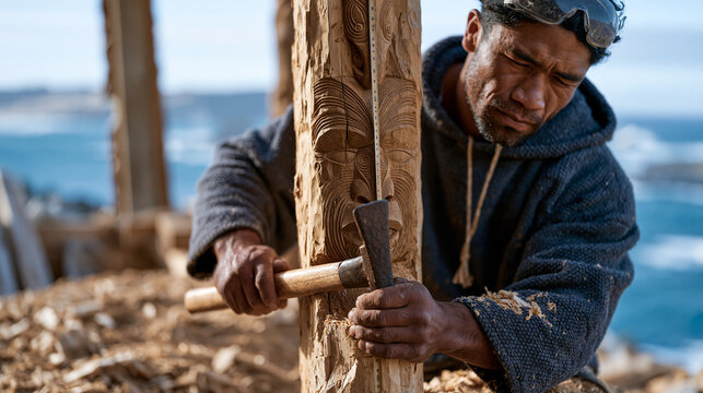 Maori wood carver using adze on upright pou beam in open outdoor workshop, wood chips scattered across packed earth, deep chisel lines revealing traditional face motif emerging,