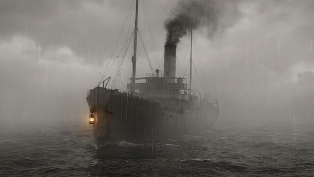 Vintage Steamer in Storm Fog &mdash; Historic Maritime Mystery
