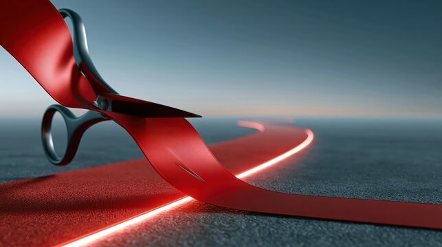 A pair of scissors cutting a glowing red ribbon, symbolizing a grand opening or celebration.