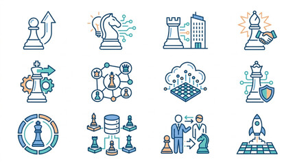 Chess Icons Representing Business Strategy and Planning Concepts. © Zn