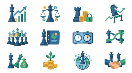 Chess Icons Representing Business Strategy and Financial Growth. © Zn