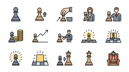Chess Icons Representing Strategy and Business Concepts. © Zn